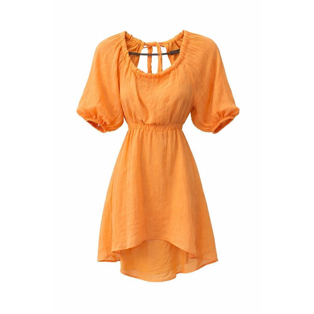 VICI XS Orange Puff Sleeve Mini Dress Smocked Waist Tie Back Flowy Boho Summer